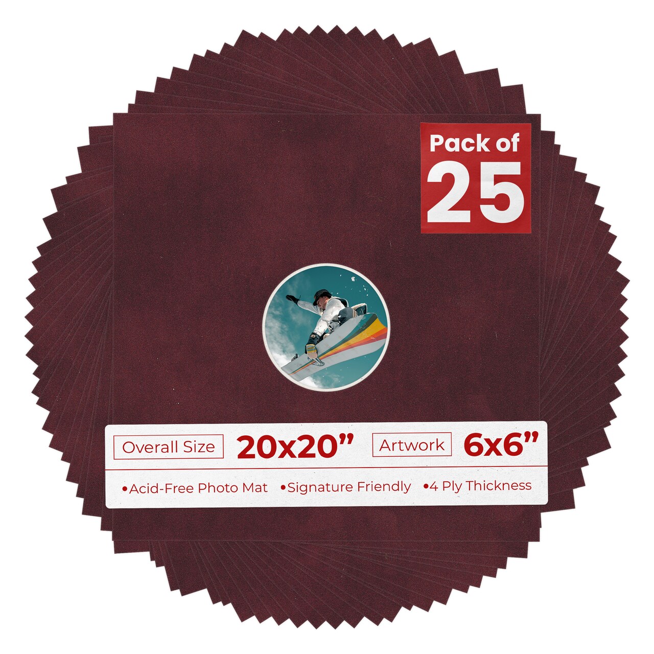 Dark Red Suede Mat Board for 20x20 Frames - Circle Opening for 6x6 Photos